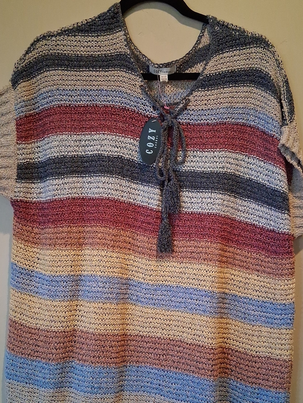 Cozy Casual Multicolor Striped V-Neck Sweater with Lace-Up Tie